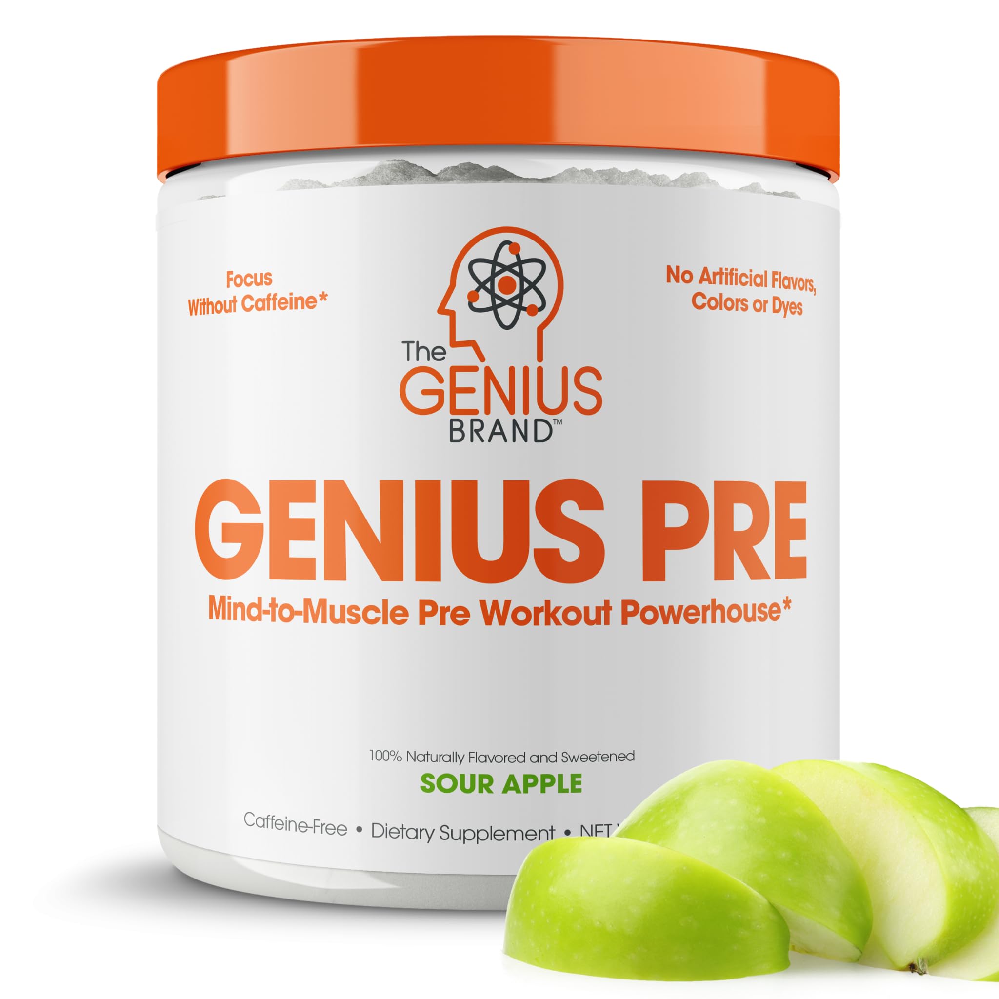 Ingredient panel on Genius Pre Workout Sour Apple label highlighting AlphaSize and other ingredients.