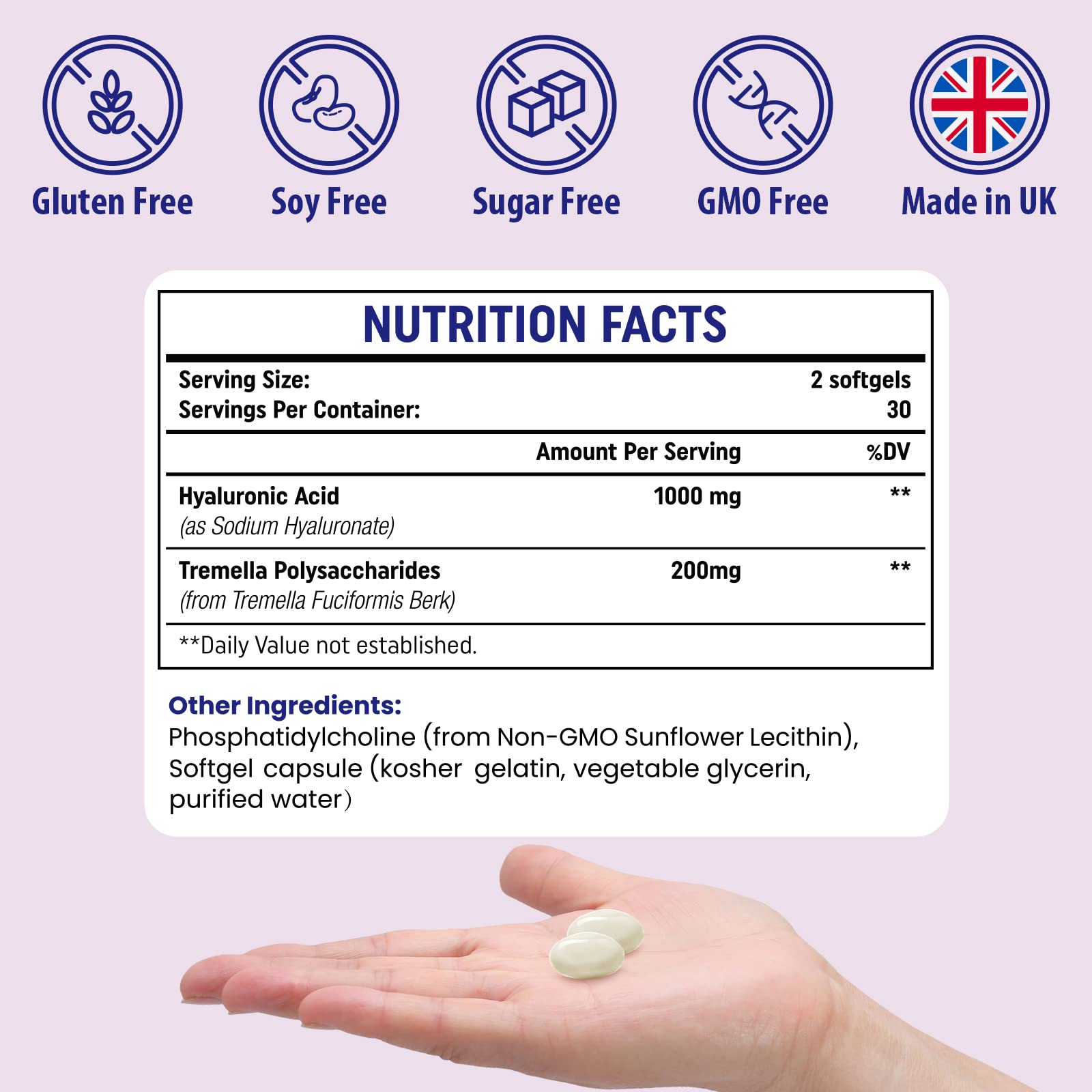 Genogna natural ingredients icons reinforce non-GMO and gluten-free claims.