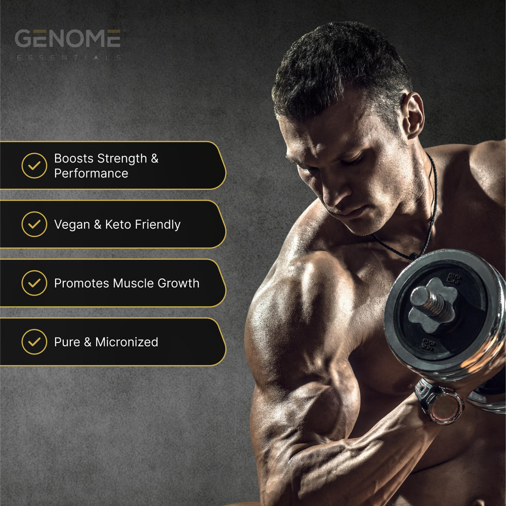 Genome Essentials creatine monohydrate bottle with clean label on display.