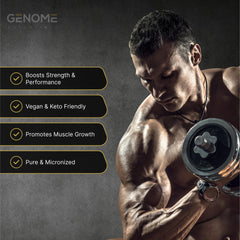 Genome Essentials creatine monohydrate bottle with clean label on display.