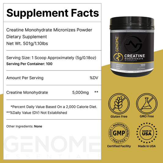 Genome Essentials creatine powder with scoop beside the container for easy dosing.
