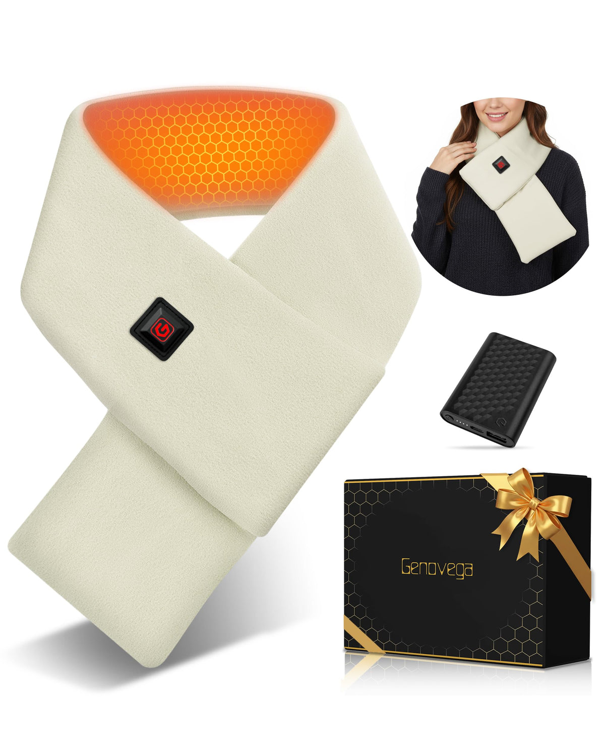 Genovega heated scarf in unboxing setup showing a gift-ready experience