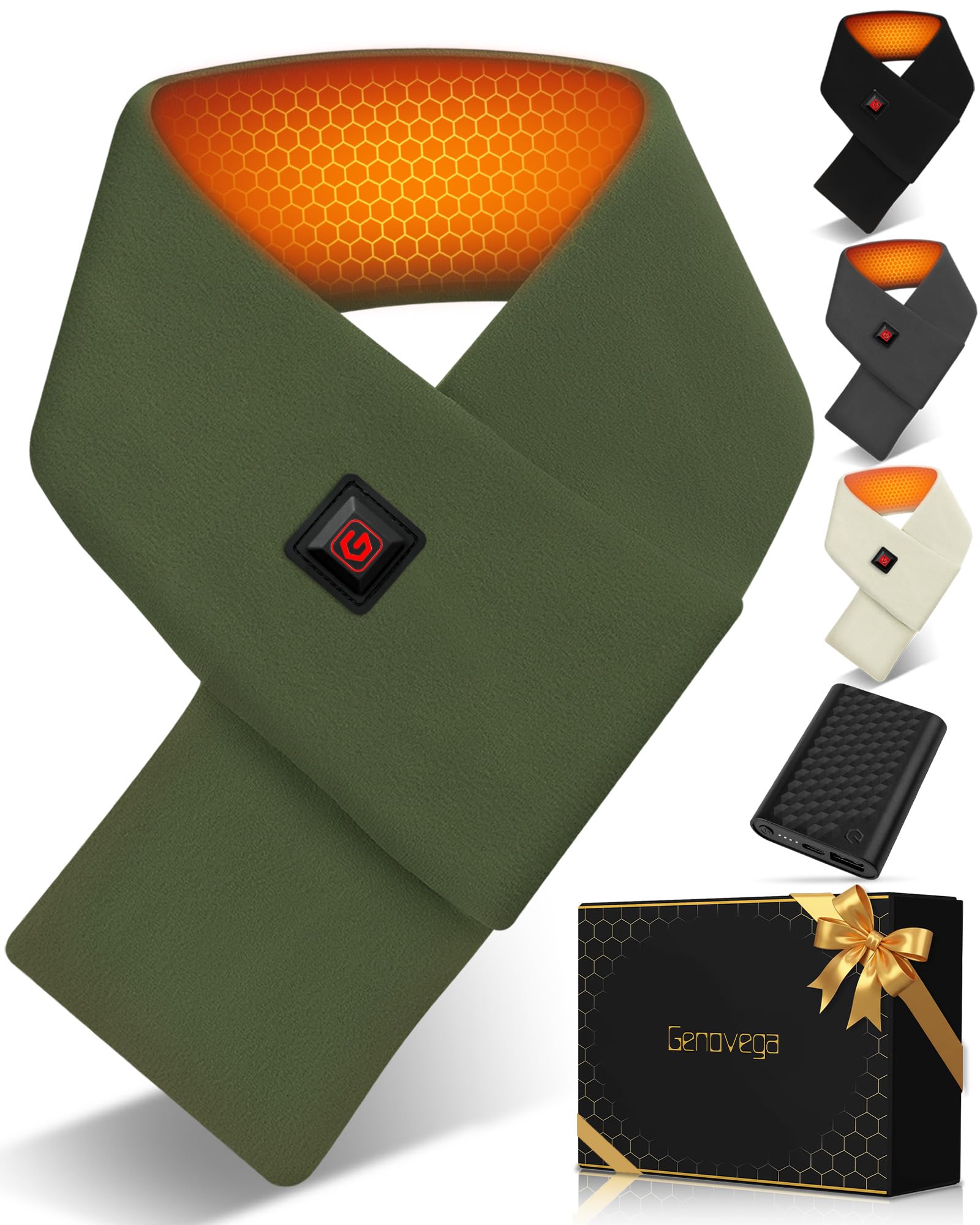 Genovega heated scarf worn in winter setup provides versatile warmth outdoors.