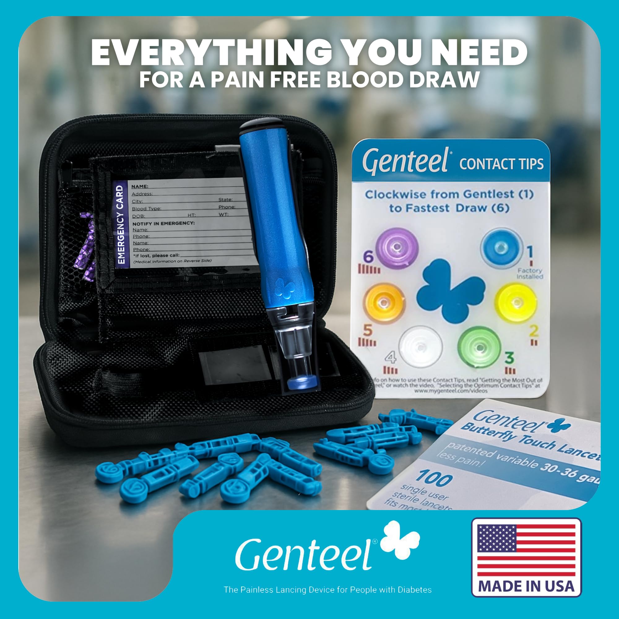 Comprehensive kit designed for a comfortable, pain-aware blood testing experience.