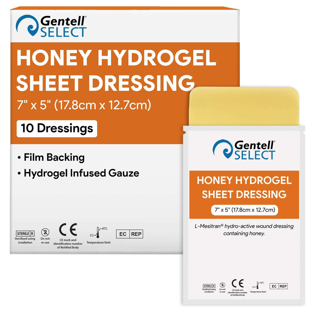 Gentell Select honey hydrogel sheet dressing 7x5: sterile, film-backed protection for moist wounds