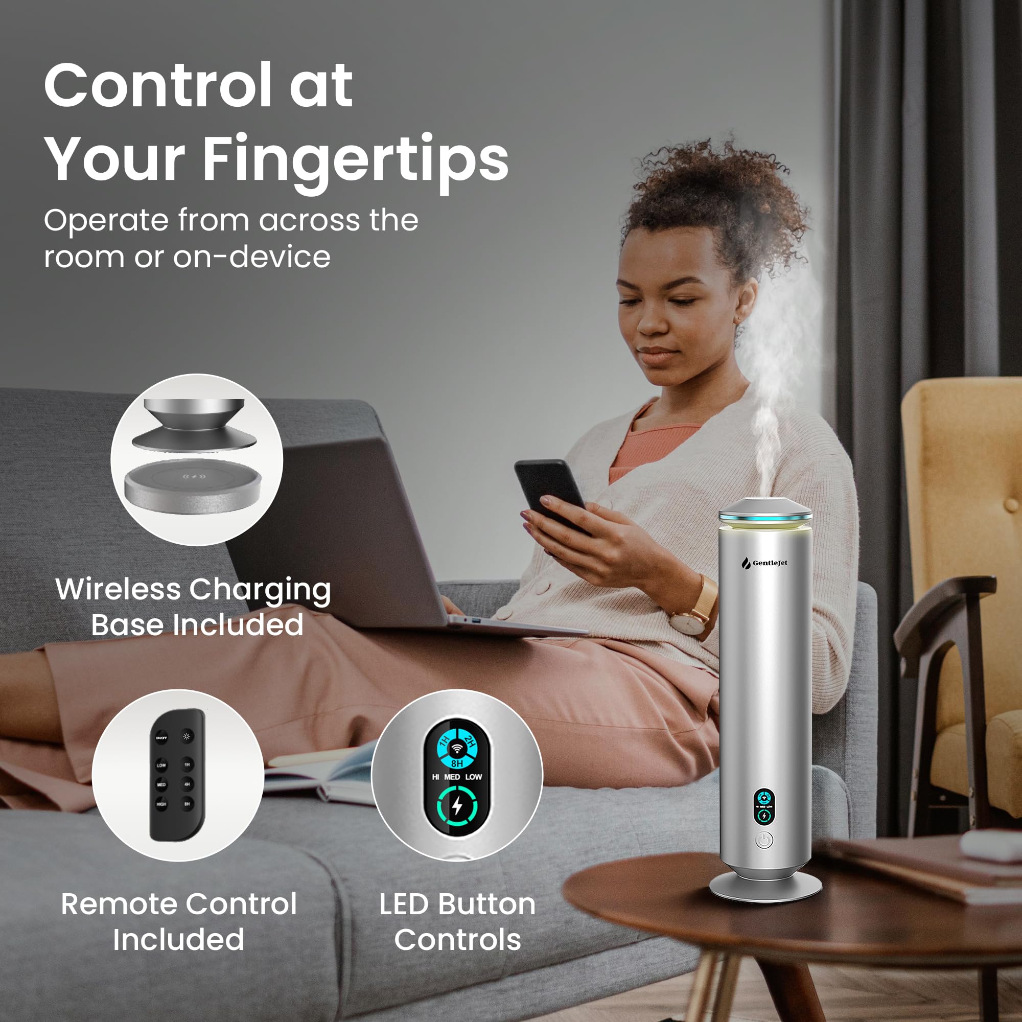 GentleJet MajesticMist LED display shows timers and mist levels for precise control