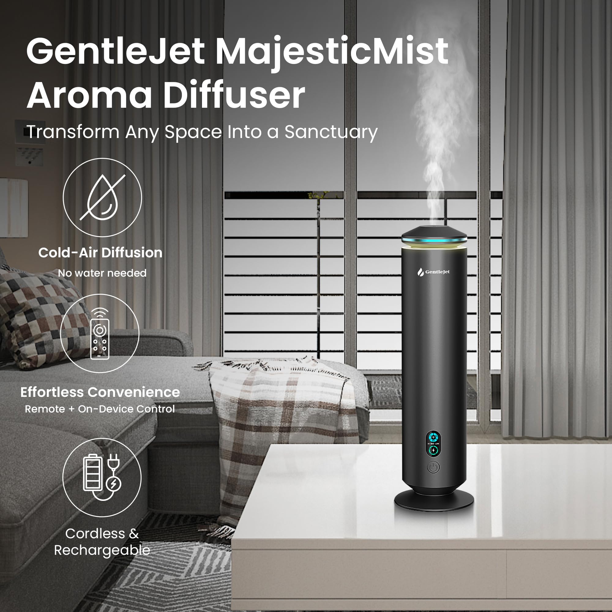 GentleJet MajesticMist remote control enables easy fragrance adjustments and timers.