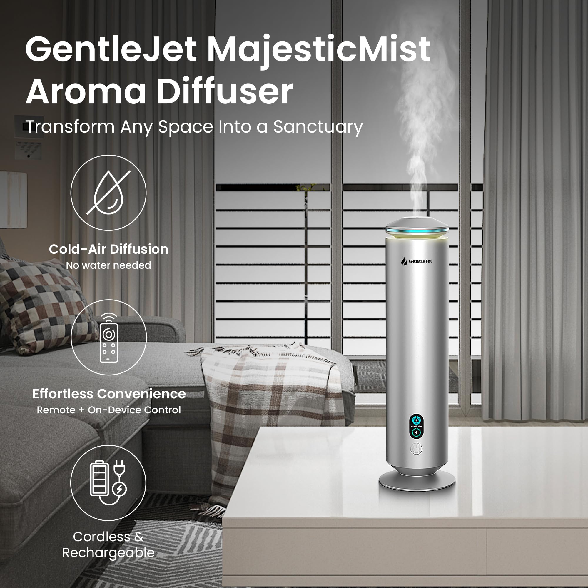 GentleJet MajesticMist wireless charging base enables flexible placement for continuous aroma