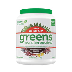 Genuine Health Greens + Extra Energy bottle close-up for daily vitality