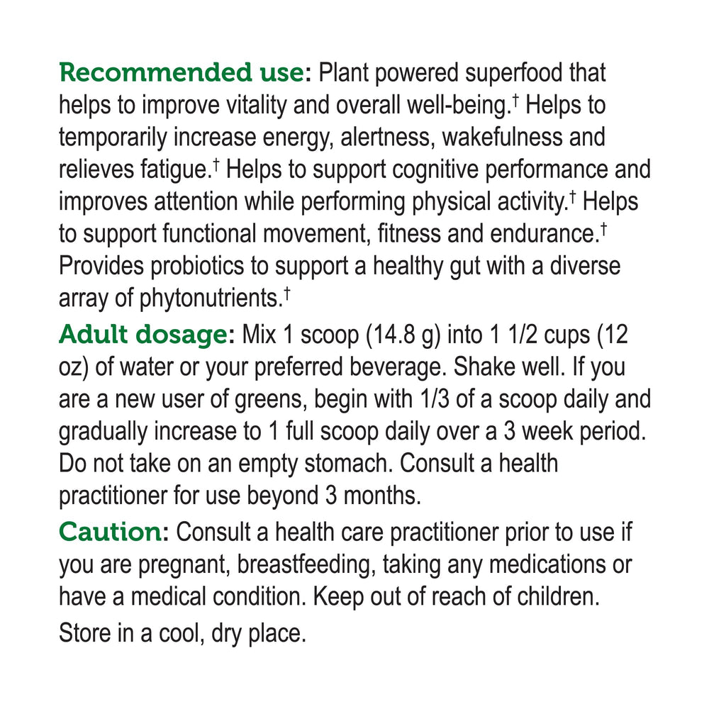 Genuine Health Greens + Extra Energy dark chocolate powder pouring for flavorful energy.