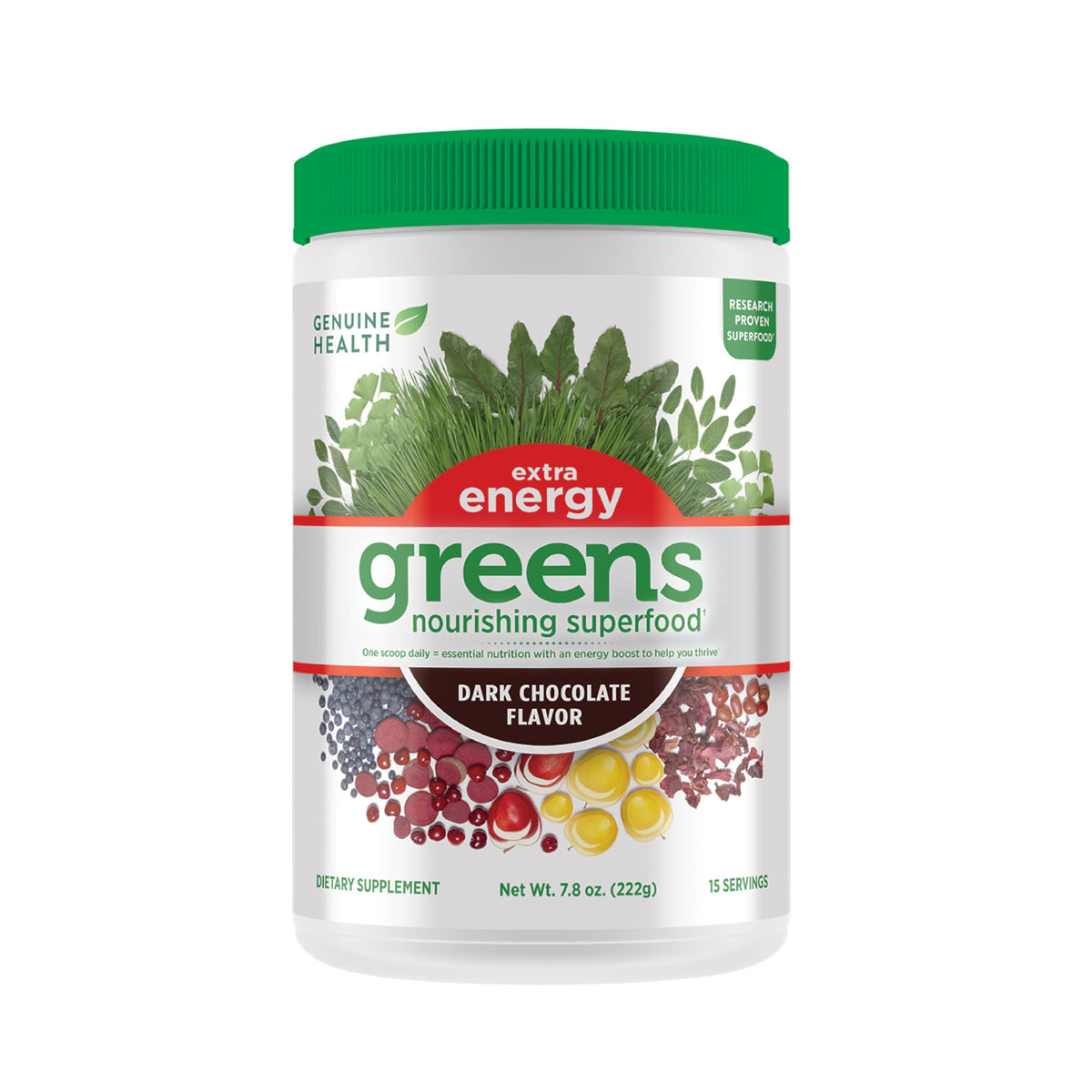 Genuine Health Greens + Extra Energy tub label highlighting a natural energy boost.