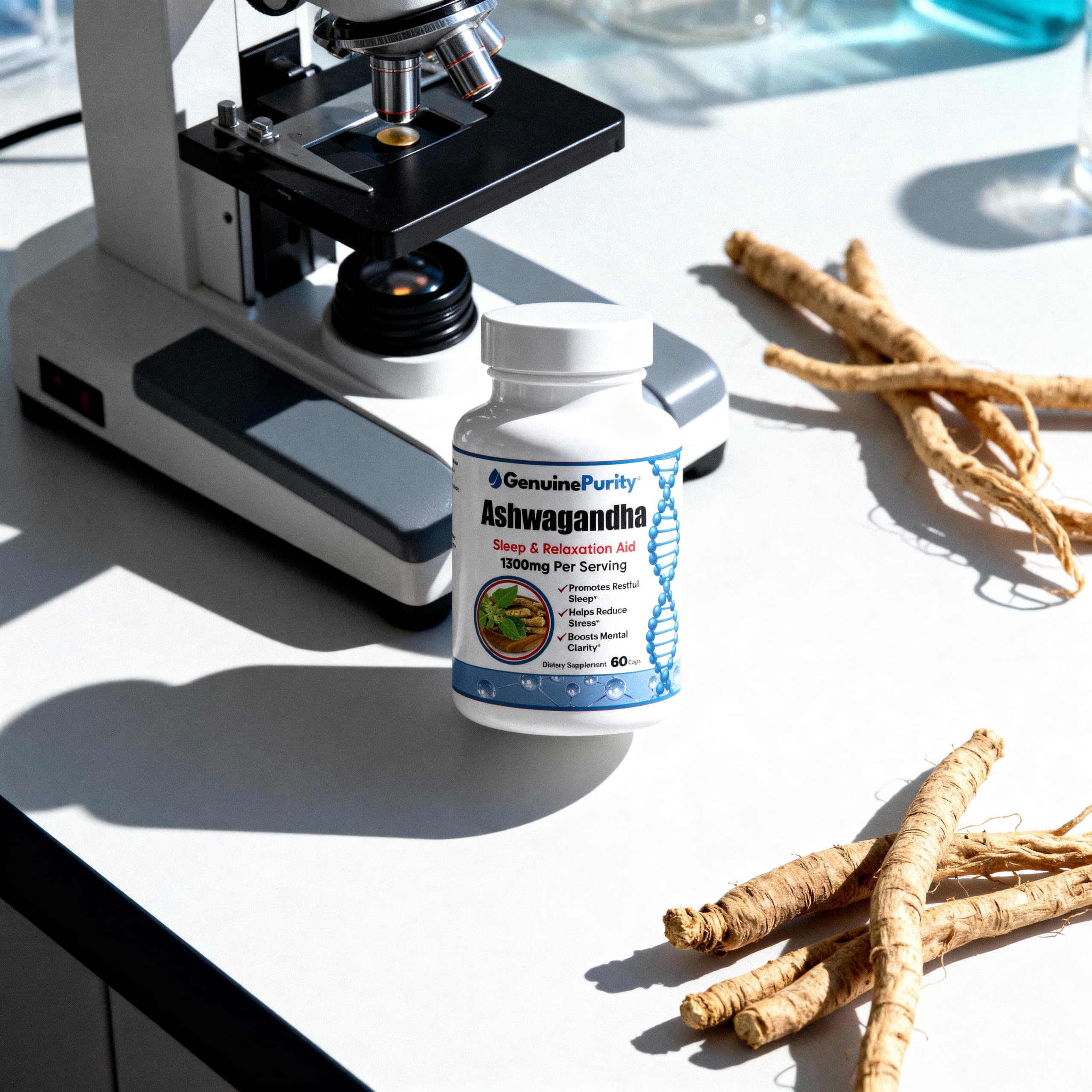 GenuinePurity Ashwagandha bottle cap shot signals product quality and seal integrity.