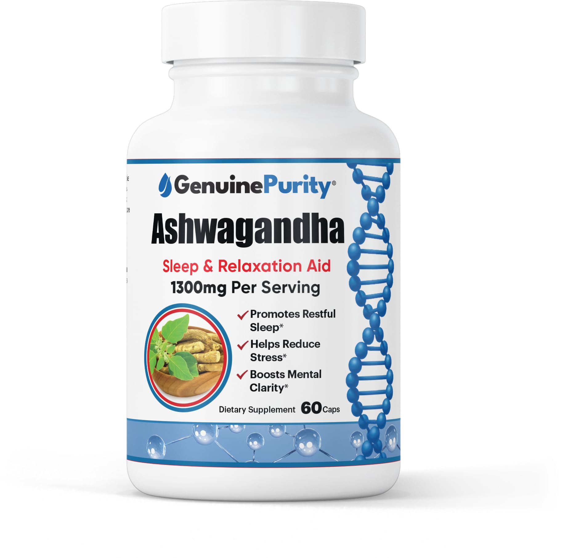 GenuinePurity Ashwagandha bottle pour shows easy daily dosing for stress-friendly routines.