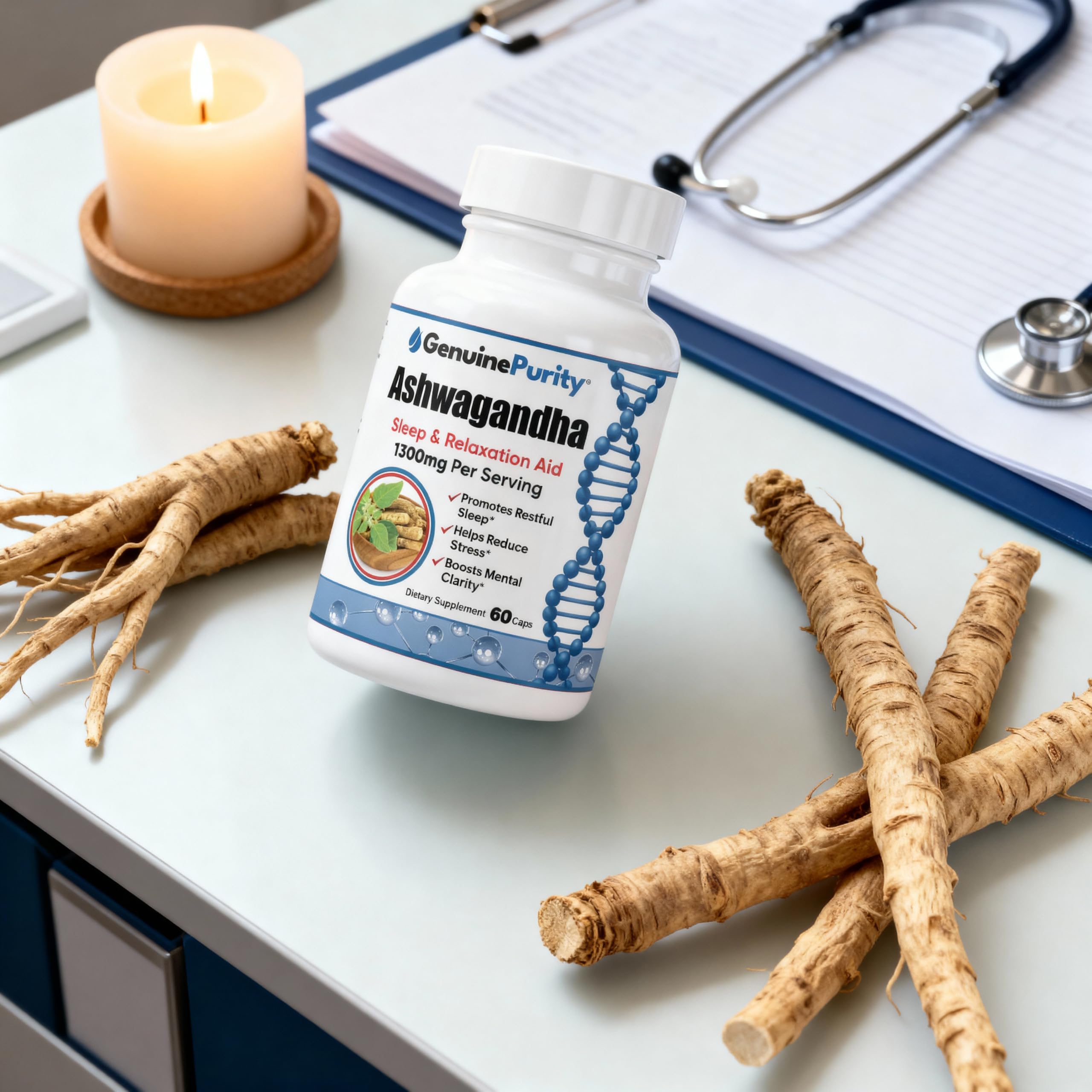GenuinePurity Ashwagandha daily use setup shows easy inclusion into wellness habits.