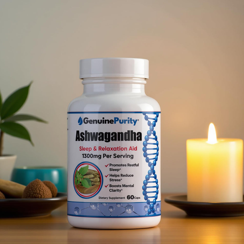 GenuinePurity Ashwagandha ingredients label highlights organic sourcing and vegan capsules.