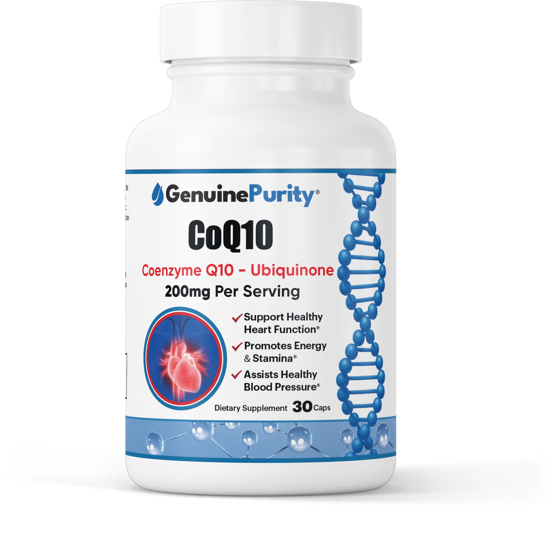 GenuinePurity CoQ10 200mg bottle supporting daily heart health and energy