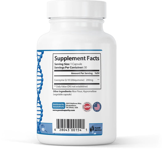 Capsules of GenuinePurity CoQ10 provide antioxidant support and mitochondrial energy
