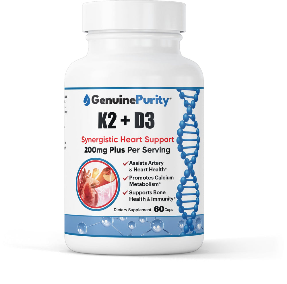 GenuinePurity D3 K2 bottle front illustrates premium bone support formula.