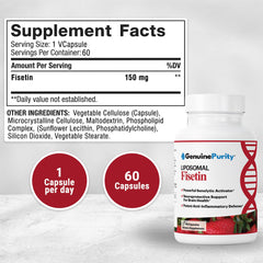 GenuinePurity Fisetin capsules closeup highlighting potent 150mg serving.