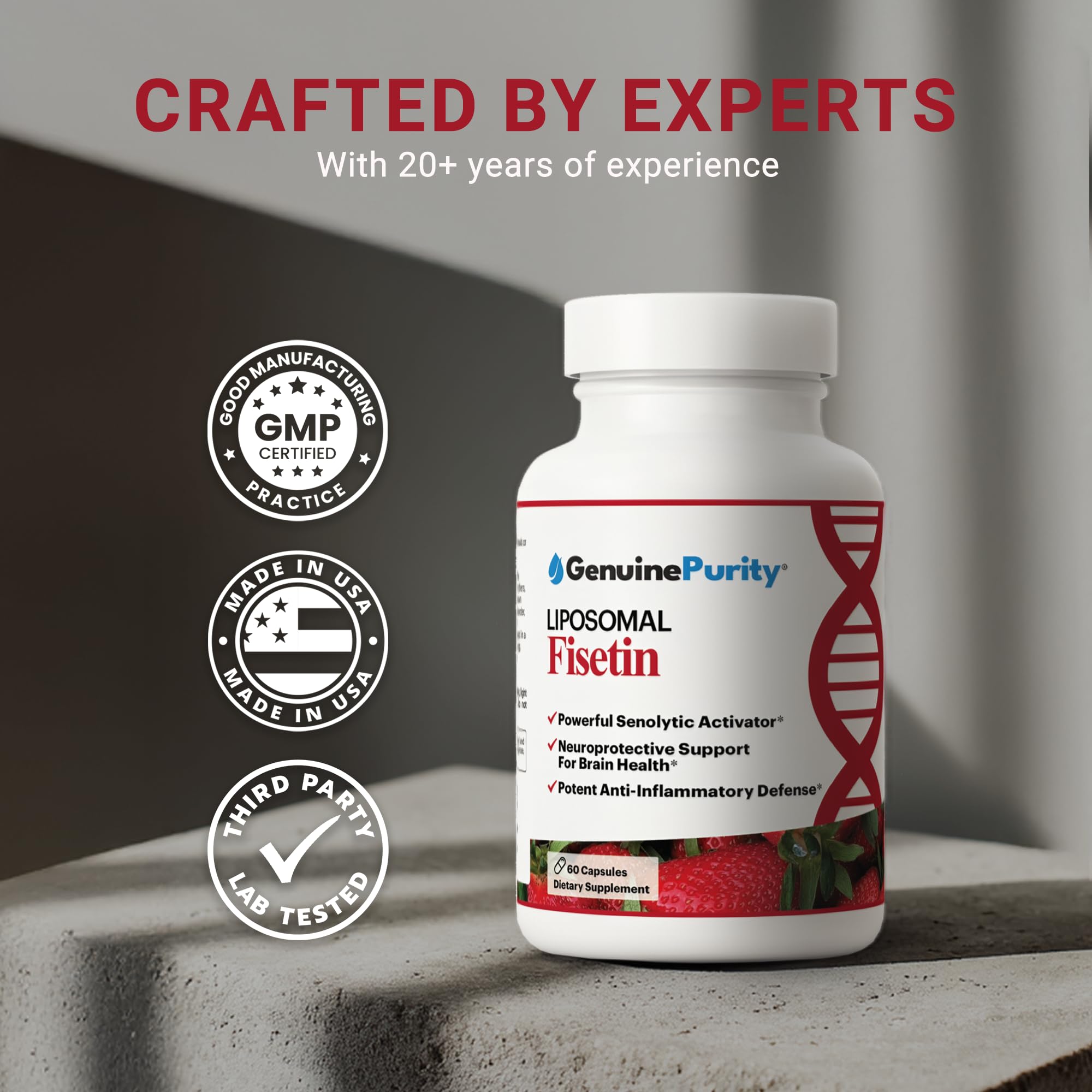GenuinePurity Fisetin ingredients panel underlines non-GMO sources.