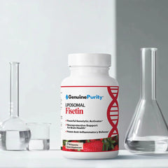 GenuinePurity Fisetin vegan gluten-free icons on label.