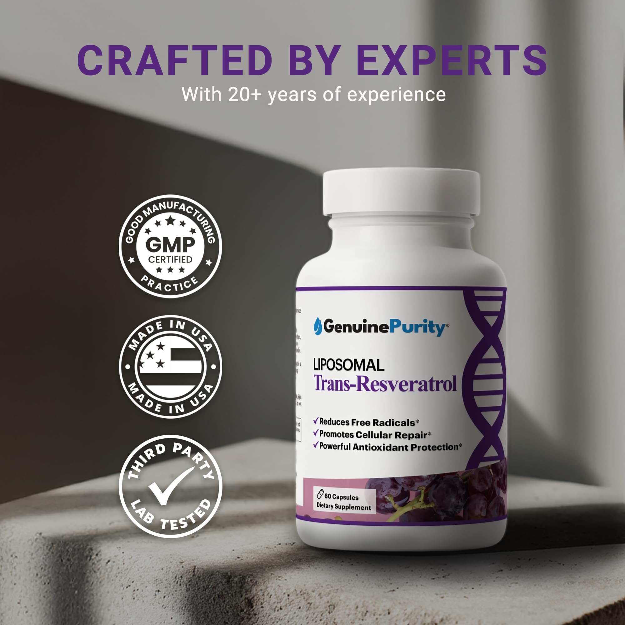 GenuinePurity glass of water with capsules pairing suggests intake with hydration.