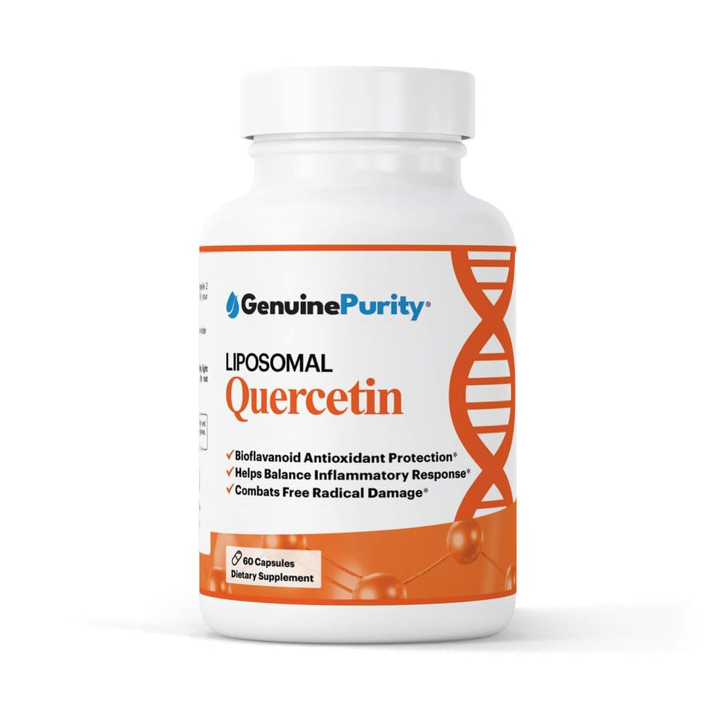 GenuinePurity Liposomal Quercetin bottle showing 250mg content for antioxidant support