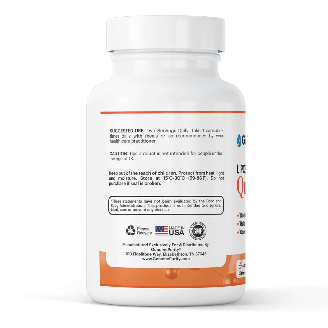 GenuinePurity Liposomal Quercetin bottle on a desk ready for daily use