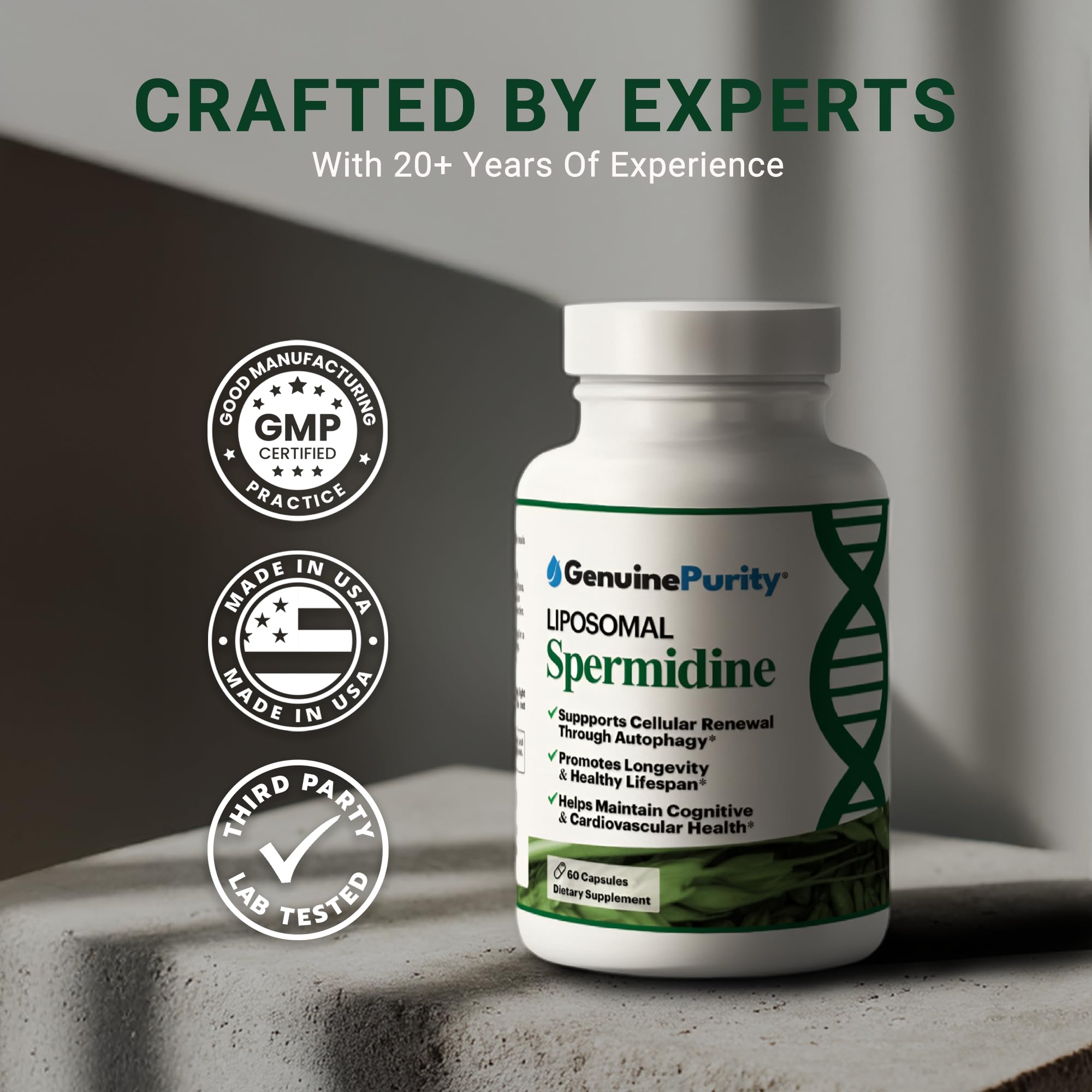 GenuinePurity Liposomal Spermidine 8mg gluten-free vegan formula for dietary choices.