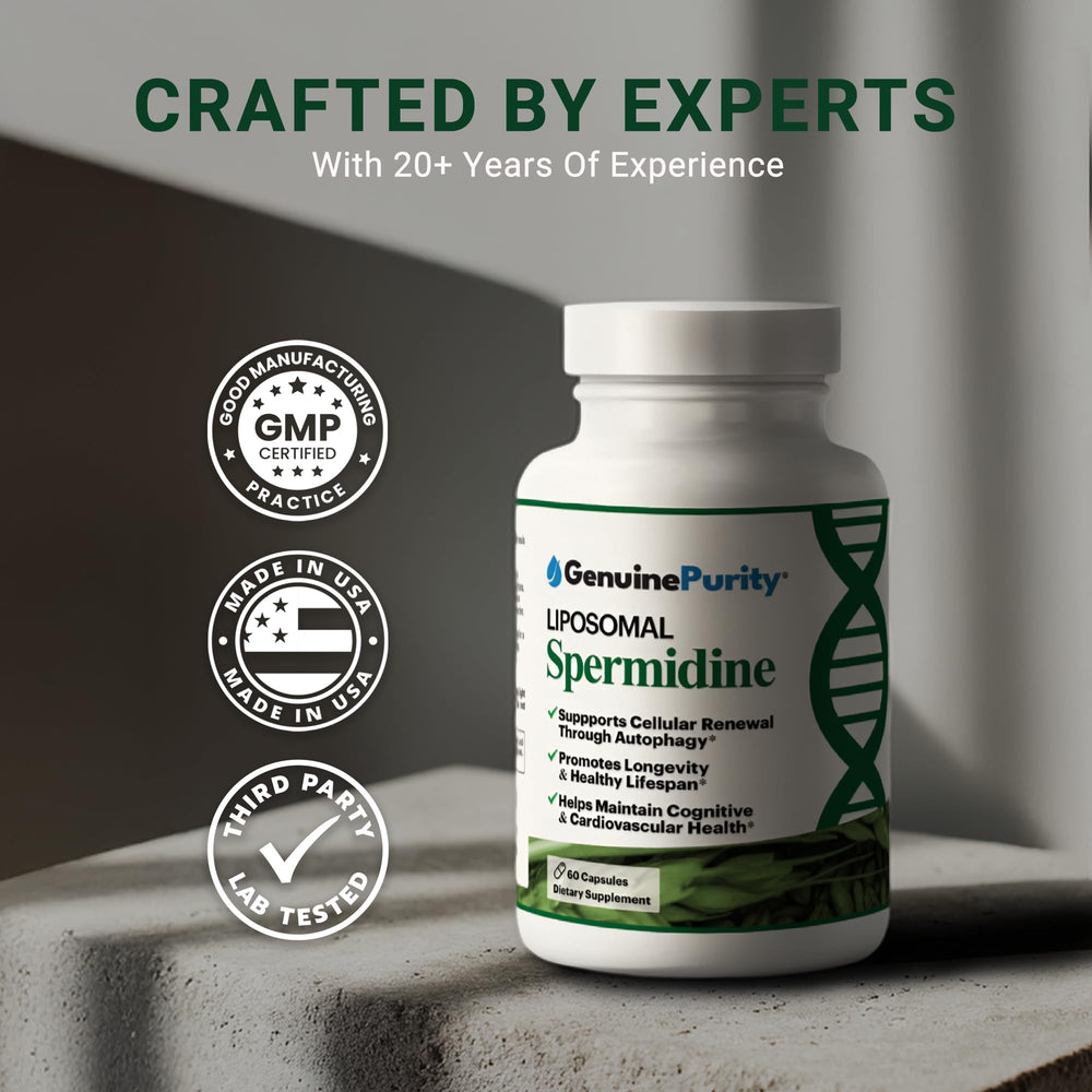 GenuinePurity Liposomal Spermidine 8mg gluten-free vegan formula for dietary choices.