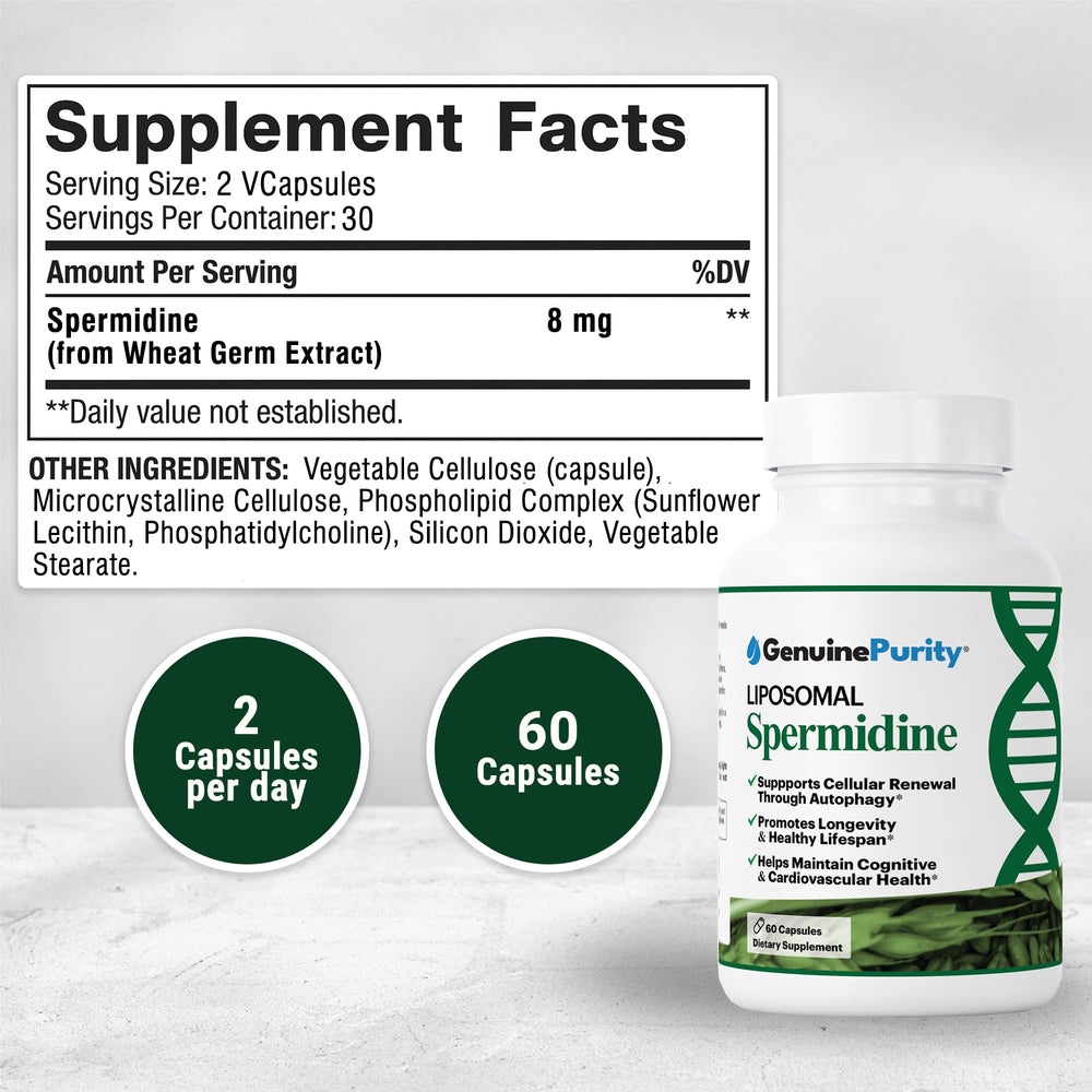 GenuinePurity Liposomal Spermidine 8mg ingredients label shows non-GMO wheat germ extract.