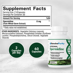 GenuinePurity Liposomal Spermidine 8mg ingredients label shows non-GMO wheat germ extract.