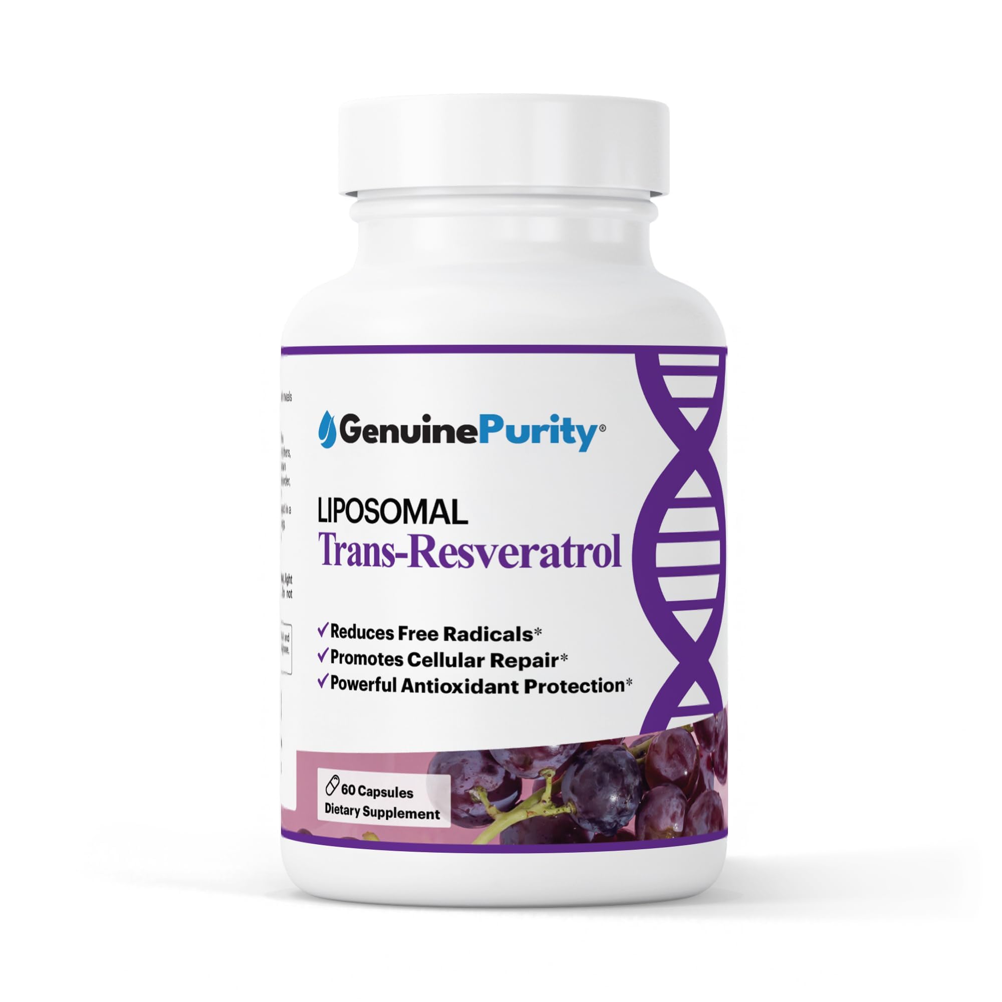 GenuinePurity liposomal Trans-Resveratrol bottle demonstrates enhanced absorption for daily vitality.