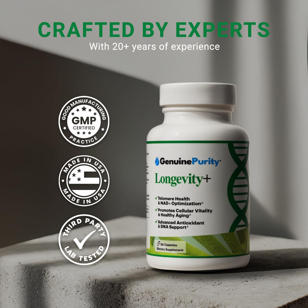 GenuinePurity Longevity+ Resveratrol capsule highlights cardiovascular wellness and vitality.