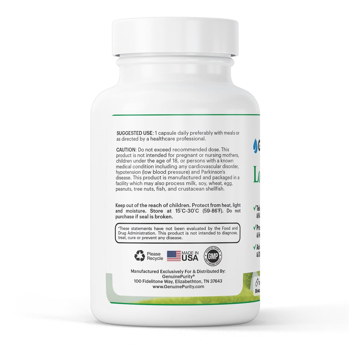 GenuinePurity Longevity+ vegan, gluten-free formula in a simple daily capsule.