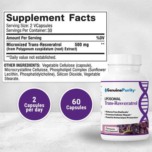 GenuinePurity trans-resveratrol capsules close-up showing vegan formula for easy daily use.