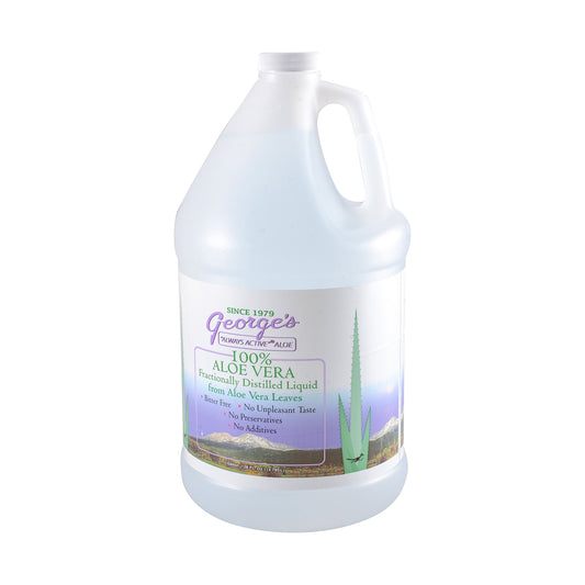 George's Aloe Vera Liquid poured into a glass for easy mixing.