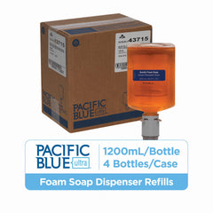 Close-up of Pacific Blue Ultra bottle shows rich foam texture for effective cleansing.