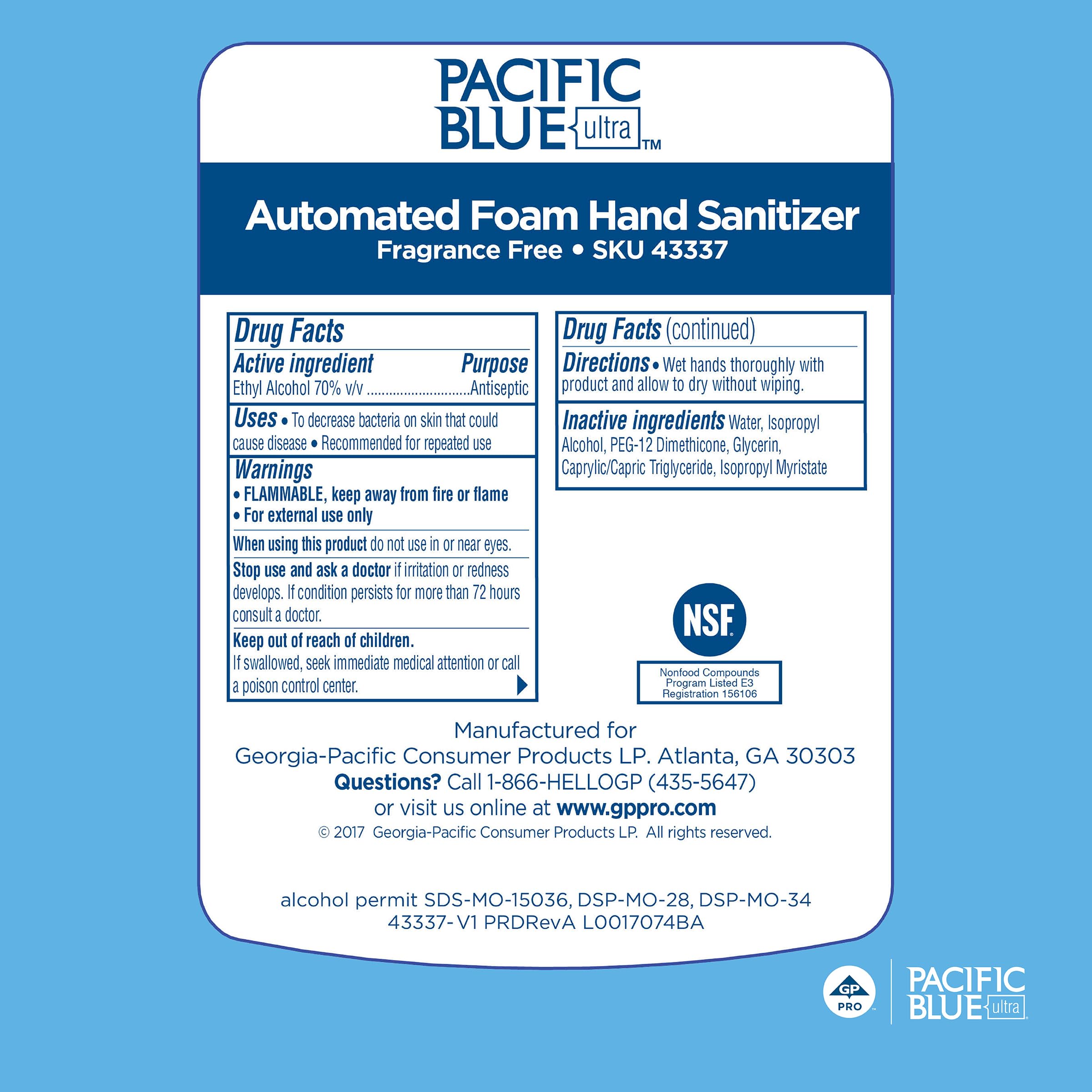 Georgia-Pacific Pacific Blue Ultra foam sanitizer refill with 33.8 oz capacity for long use.