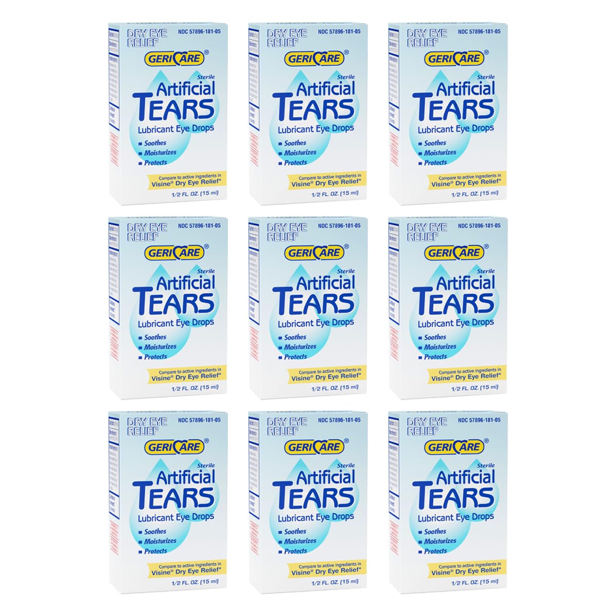 GeriCare artificial tears bottle front view showing long-lasting eye hydration.