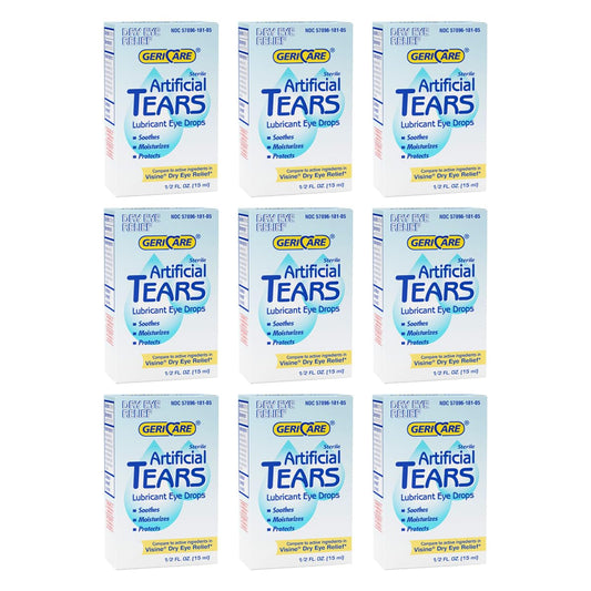 GeriCare artificial tears bottle front view showing long-lasting eye hydration.