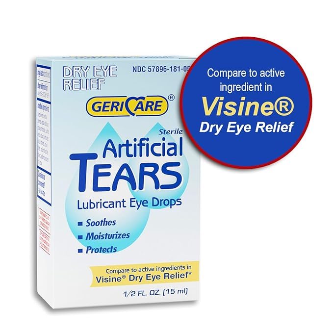 GeriCare artificial tears bottle pour closeup demonstrating controlled dispensing.