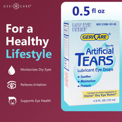 GeriCare artificial tears closeup highlights soothing hydration for tired eyes.