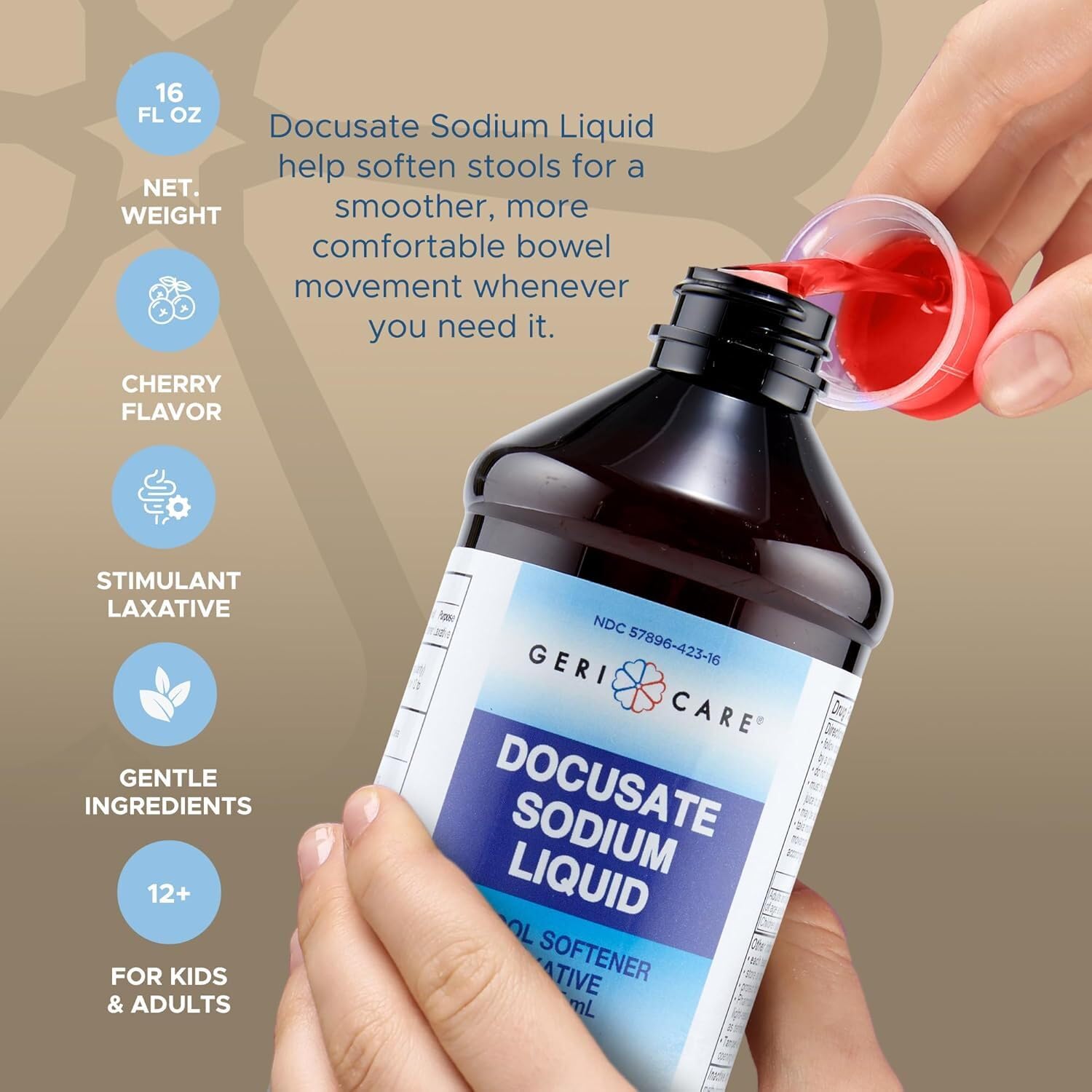 GeriCare cherry flavored liquid bottle with pleasant taste for daily use.