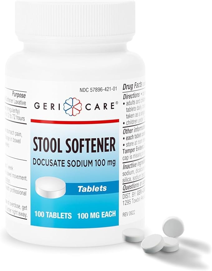 GeriCare Docusate Sodium tablets ready for daily use in a bottle.