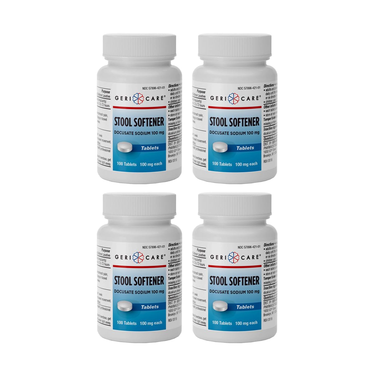 GeriCare Docusate Sodium 100mg tablets packaging for gentle daily relief.