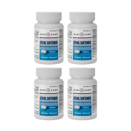 GeriCare Docusate Sodium 100mg tablets packaging for gentle daily relief.