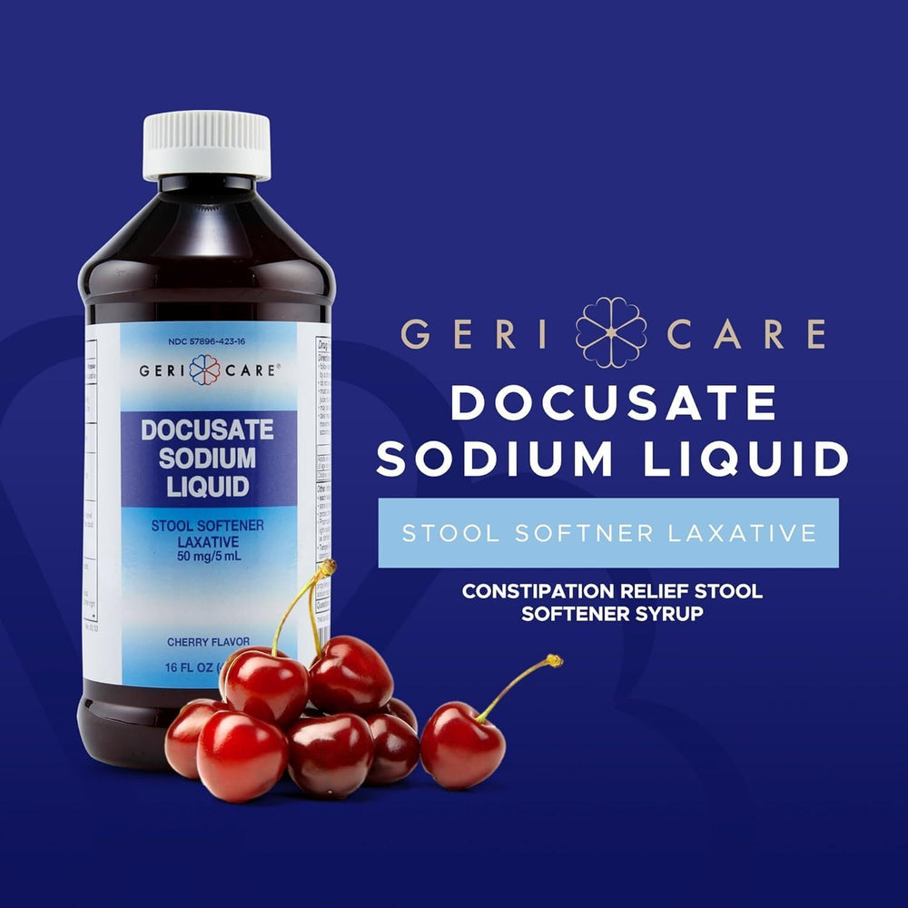 Docusate sodium liquid dosing spoon ready for measured 5 ml doses.