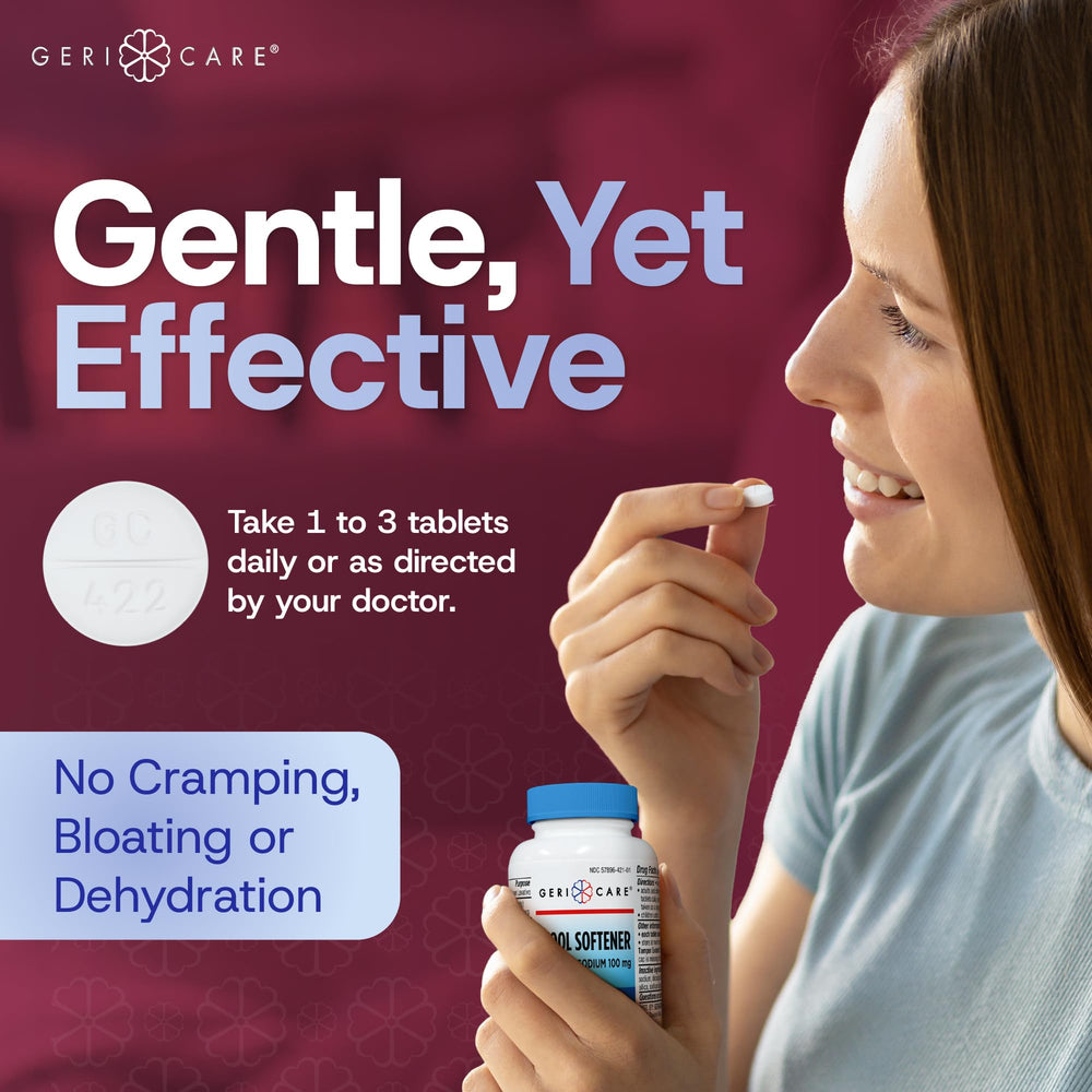 GeriCare Docusate Sodium tablet close-up: crushable for easy daily use.