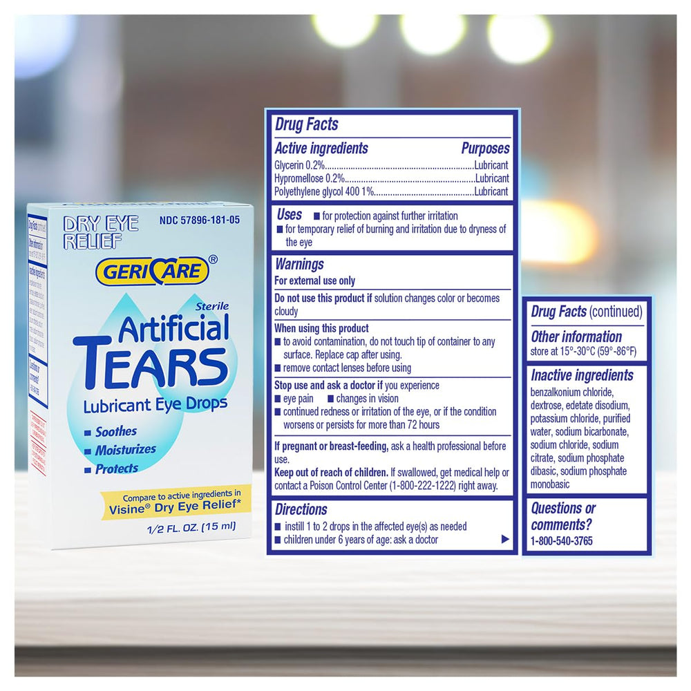 GeriCare dry-eye relief at desk during screen time scenario.